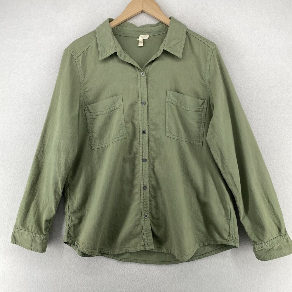 EILEEN FISHER Top L Organic Cotton Flannel Overshirt Button Up Long Sleeve Green